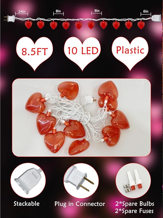 SUNSGNE Red Heart String Lights Valentines Lights, 8.5FT Plug in Fairy String Lights with 10 LED Red Heart Bulbs for Indoor Outdoor Home Room Party Wedding Valentine's Decor, White Wire