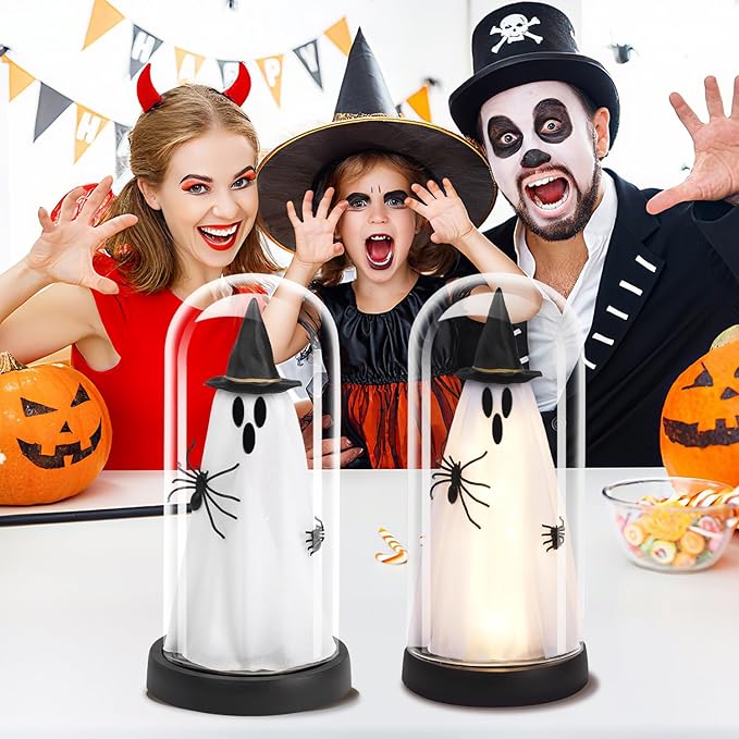 Halloween Decor-Halloween Decorations Indoor-Light Up Ghost in Glass Cloche-Cute Ghost with Light for Home Kitchen Mantel Tabletop Party Decor