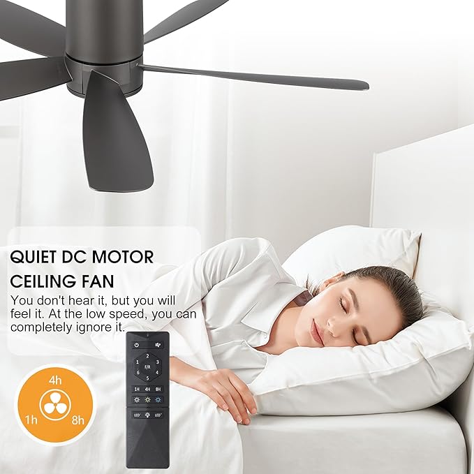 52" Outdoor Ceiling Fan with Light and Remote, ABS Blades, Low Profile Flush Mount Ceiling Fan, Dimmable LED light, Noiseless Reversible DC Motor, for Bedroom/Living Room/Porch (Charcoal Gray)