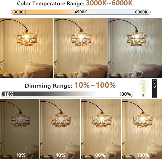HMVPL Arc Floor Lamp for Living Room, Boho Rattan Floor Lamp with Remote, Black Standing Lamp with Dimmable Blub Timer, Farmhouse Arched Tall Lamp for Bedroom Reading Over Couch (Height Adjustable)