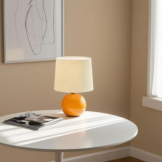 jonong Small Pleated Table Lamp, Ceramic Desk lamp,Modern Bedside Nightstand Lamp with Beige Lampshade, Cute Lamp for Bedroom Living Room Home Office Decor,Kids, Women, for Gift Present (Orange, M)