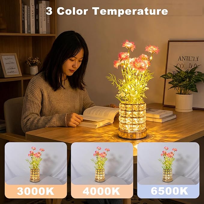 Cornflower Flower Lamp, Rechargeable Artificial Flower Table Lamp with 3 Color Temperature, Dimmable Touch Cordless Lamp for Bedroom Room Home Decor, Birthday Mother's Day Gift for Mom Grandma Women