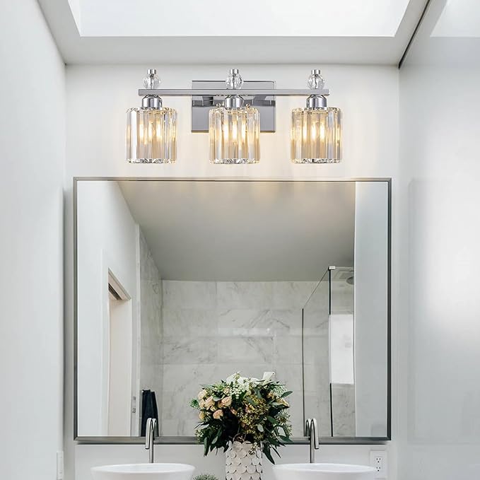 Bathroom Vanity Lights 3-Light Chrome Modern Crystal Vanity Light Fixtures Over Mirror Crystal Bathroom Vanity Lighting Fixtures