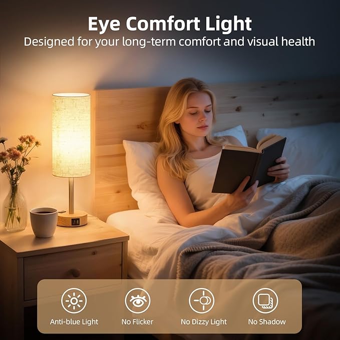 Table Lamp for Nightstand, High-Sensitivity Touch, 3-Level Dimmable Bedside Lamp with AC Outlet | USB | and USB-C, Ideal Night Stand Lamp for Bedroom, Reading, Living Room (Warm&Wooden)