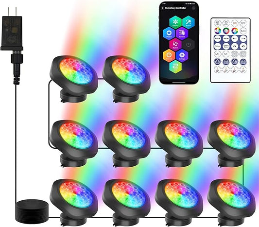 RGB Underwater Pond Lights,Super Bright 18 LED Submersible Fountain Lights, Bluetooth APP Control IP68 Waterproof Color Changing Spotlights for Fish Aquarium Tank Yard Garden Pool(Set of 10)