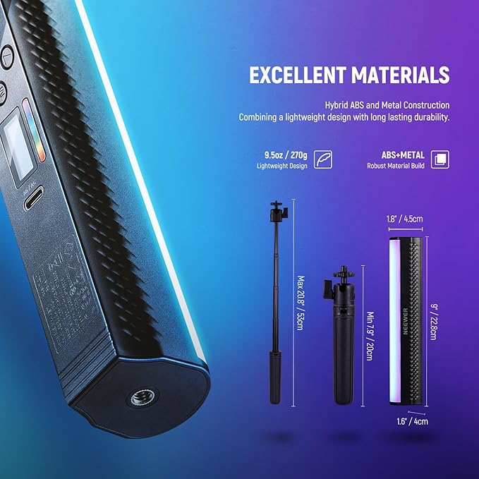 NEEWER RGB Light Wand with Desk Tripod, APP Control Magnetic Handheld Photography Video Lighting Stick, 2500K-8500K Dimmable CRI95+ 17 Scenes Full Color LED Tube Bar for Vlog, 2550mAh Battery, TL21C