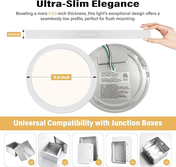 Flush Mount Ceiling Light Fixture - ETL Certified - 9 Inch Dimmable 3000K Warm White LED, 0.63'' Ultra Thin Round Design for Bedroom, Bathroom, Kitchen, Hallway, Basement, Closet (3-Pack)‌