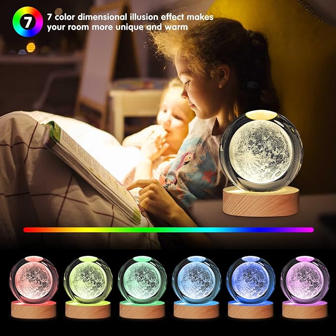 3D Solar System Crystal Ball Lamp, Large Galaxy Night Light With 7 Color Change, Space Bedroom Decor, Christmas and Birthday Gift for Kids, Boys, Girls (Moon)