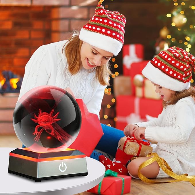 3D Axolotl Crystal Ball Night Light 3.15 inch Glass Ball Table Lamp with Color Changing Touch Base Decor Ideal Axolotls Gifts for Friends Kids Christmas Birthday