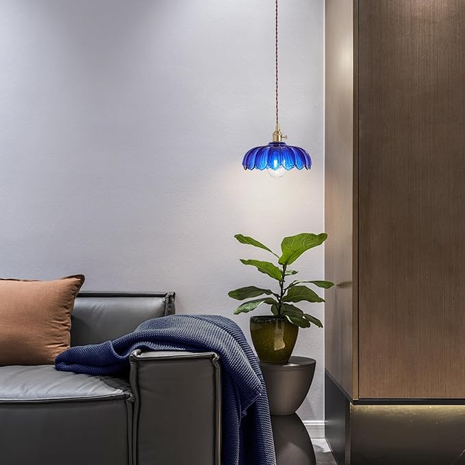 Plug in Pendant Light: Bule Hanging Light Plug in Fixture Hanging Lamp, Glass Pendant Lighting for Kitchen Island, Bedroom, Dining Room, Living Room, E26 No Bulb