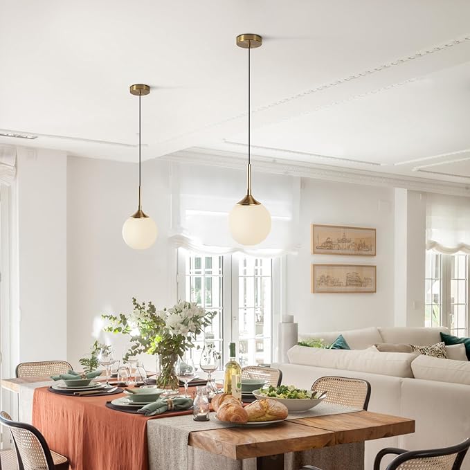 KCO Lighting Mid Century Modern Milk Glass Pendant Light Large White Globe Hanging Light Gold Ceiling Light Fixture 1 Light Pendant Lighting Brushed Brass Hanging Light Fixture