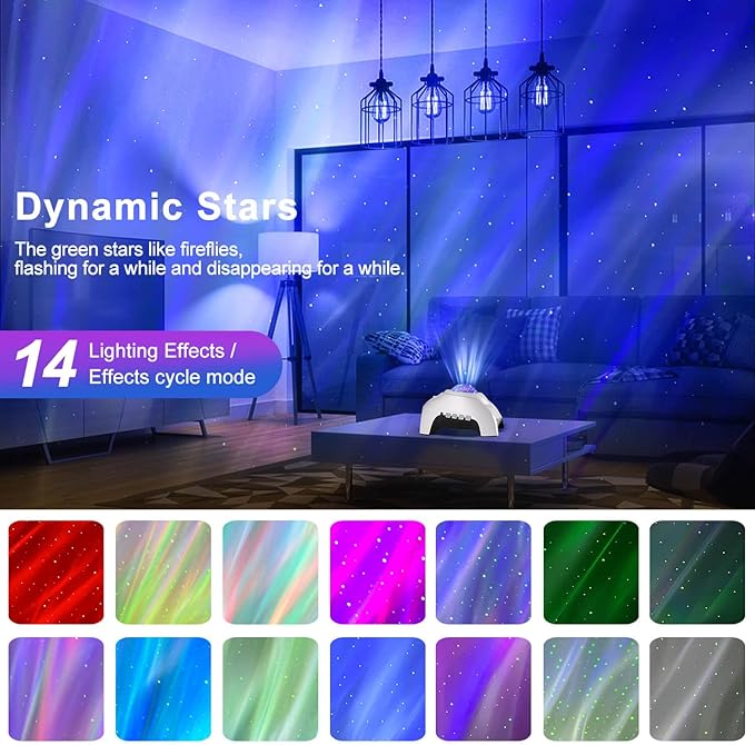 Aurora Star Projector with Bluetooth Speaker & White Noise – Northern Lights Galaxy Night Light for Bedroom, Remote Control Ceiling Projector for Kids & Adults, Home Theater Decor (White)