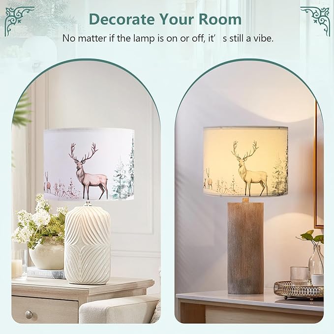 13Inch Lamp Shade, Green Forest Lamp Shades for Christmas, HD Printing Deer Lampshade, Drum Lamp Shades fit with Spider/Uno, Lamp Shades for Floor Lamps, Table Lamps(1PCS, Easy Assembly)
