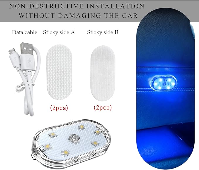 2 PCS Car LED Lights Interior Wireless, Sticky Car Ambient Lighting with 6 Bright LED Lamp Beads, Portable USB Rechargeable Vehicle Interior Led Night Light for Car (Colorful)