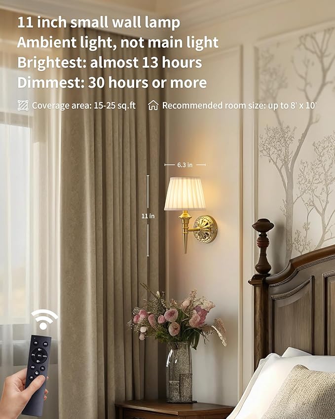 KDG Cordless Wall Sconces Set of 2, Small Wireless 5200mAh Rechargeable Battery Fabric LED Wall Lamps, Portables Lightings for Wall Painting, Living Room, Bedroom, Hallway, Gifts, Night Light (Gold)