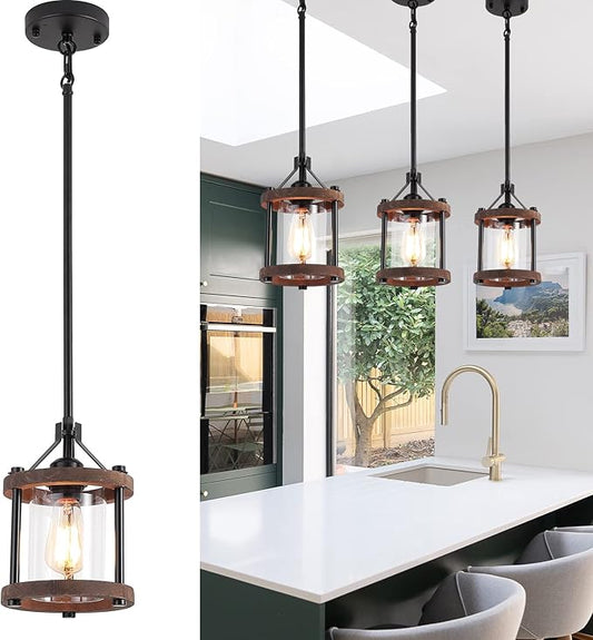 SGLfarmty Farmhouse Pendent Lights for Kitchen Island, Rustic Black and Wood Light Fixtures with Glass, Blown Pendant Lamps Over Table, Vintage Chain Hanging Light for Dining Room, Sink, Bar, 1 Pack