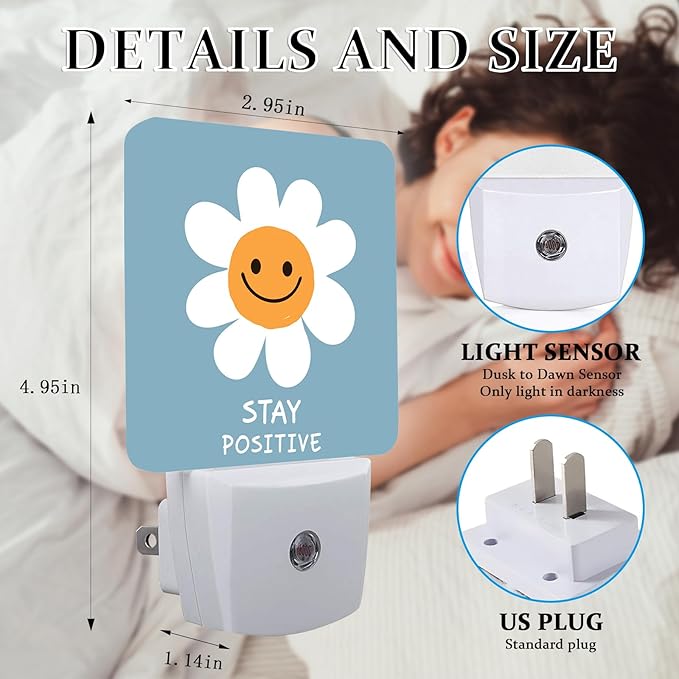 White Daisy Flower Night Light, Plug-into Wall Stay Positive Nightlight Lamp with Dusk to Dawn Sensor, Led Lamp 0.5W Energy Efficient for Boys Girls Adults Home Decor