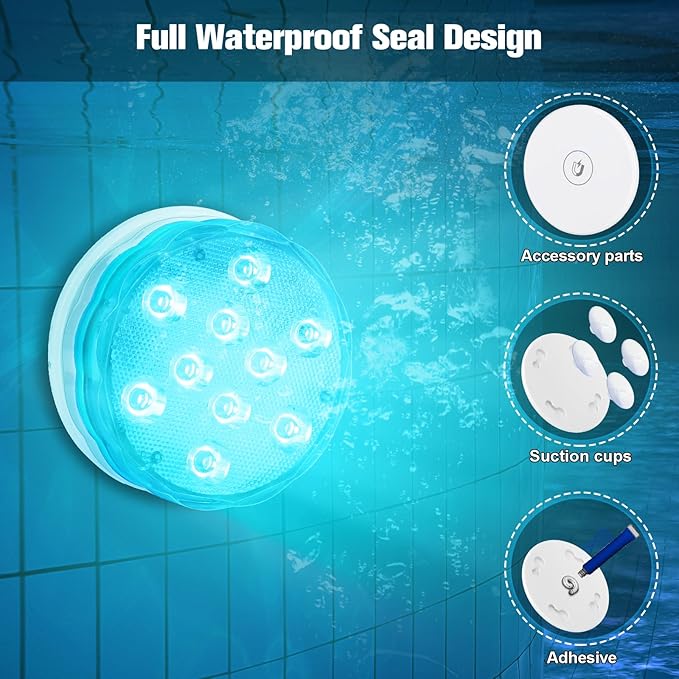 Pool Lights, Rechargeable Submersible LED Light with Strong Magnet Base, Suction Cups & Adhesive, RF Remote Aquarium Lights, Waterproof RGB Color Changing Underwater Lamp with Timing,1Pack