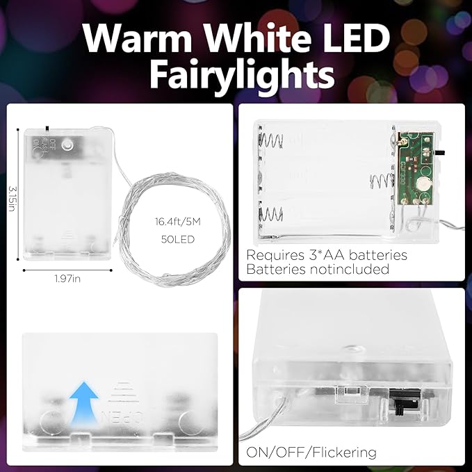 Fairy Lights Battery Operated String Lights 16.4ft 50LED Flashing and Constant Light Waterproof Silver Wire for Christmas DIY Party Wedding Decoration (Multicolor, 4 Pack)
