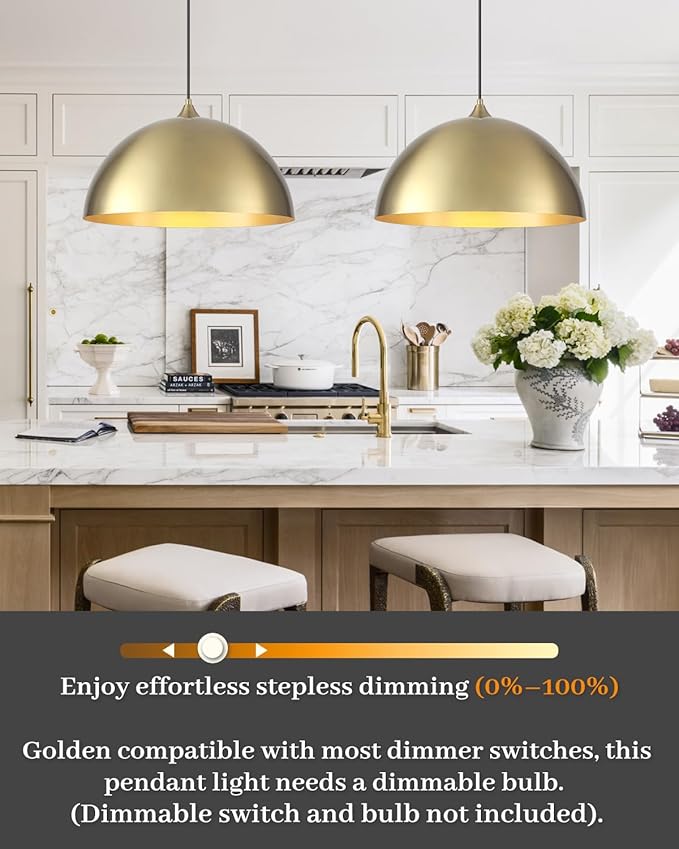 Gold Pendant Lights Kitchen Island, 16 Inch Large Pendant Light, Gold Dome Pendant Light, Industrial Farmhouse Pendant Lights for Kitchen Island, Dining Room, Cafe, Bar, 2 Pcs