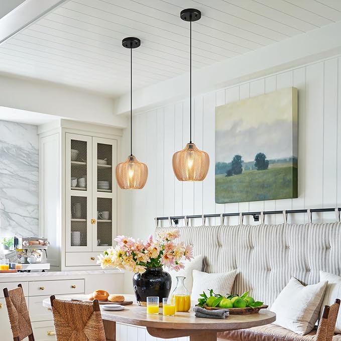 Amber Glass Pendant Lights Kitchen Island 1 Light 9.25 in Glass Globe Pendant Light Fixture Adjustable Modern Farmhouse Pendant Lighting for Bedroom Dining Room (1 Pack)