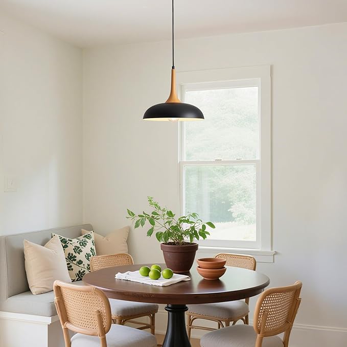 Black Pendant Lights Kitchen Island,Modern Pendant Light Fixtures,Farmhouse Adjustable Hanging Pendant Lighting for Foyer Entryway Hallway Bedroom Dining Room Living Room,Faux-Wood,Small 12.6 inch