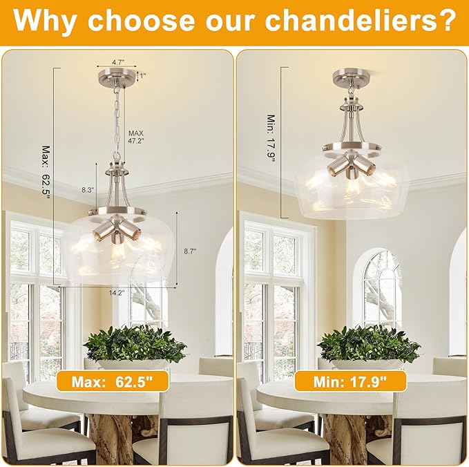 14.2" Modern Pendant Lights Kitchen Island, 3-Light Brushed Nicke Pendant Light Fixtures with Clear Glass Shade, Industrial Hanging Pendant Lights Fixture for Kitchen Island, Dining Room, Entryway
