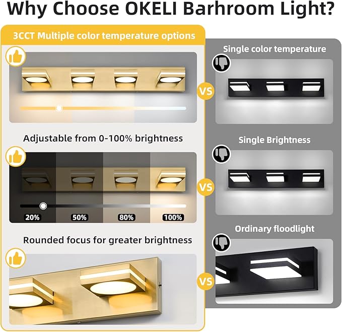 OKELI 4-Light LED Bathroom Vanity Light Fixtures, Gold Modern Bathroom Wall Lighting Fixtures Over Mirror (3CCT, 3000K-6000K)