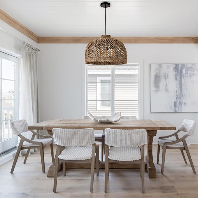 18.9in Rattan Light Hand Woven Wicker Large Pendant Lights Boho Lighting Farmhouse Chandelier Fixture for Living Room Restaurant Kitchen Island Dining Room Hallway Bedroom