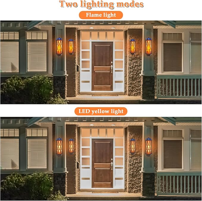 Solar Flame Wall Sconce Lights Outdoor, 74 LED Flickering Flame Sconces, Solar Powered Auto On/Off, Waterproof Wall Lanterns for House Garage Doorway Garden Porch Patio Yard Decoration (2 Pack)