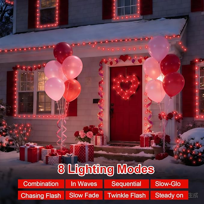 QITONG Red Valentine Lights Outdoor, 165ft 500 LED String Lights Plug in, Clear Wire Twinkle Christmas Lights Indoor with 8 Modes