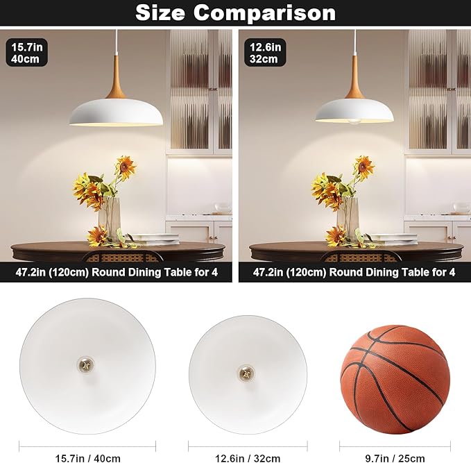 Oversize White Pendant Lights Kitchen Island,Modern Pendant Light Fixtures,Farmhouse Adjustable Hanging Pendant Lighting Foyer Entryway Hallway Bedroom Dining Room Living Room,Faux-Wood,Large 15.75 in