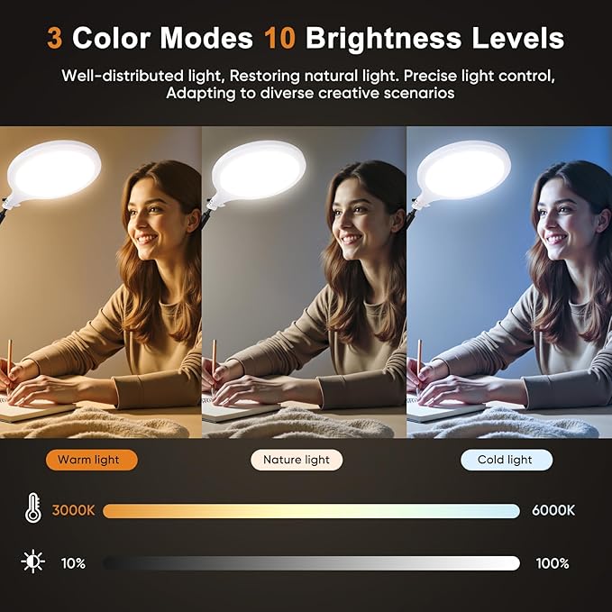 Desk Ring Light, 10" LED Ring Light for Desk with Clamp, 360°Rotate & Flexible Height Full-Screen Overhead Ringlight for Video Recording, TikTok, YouTube, Live Streaming, Content Creation