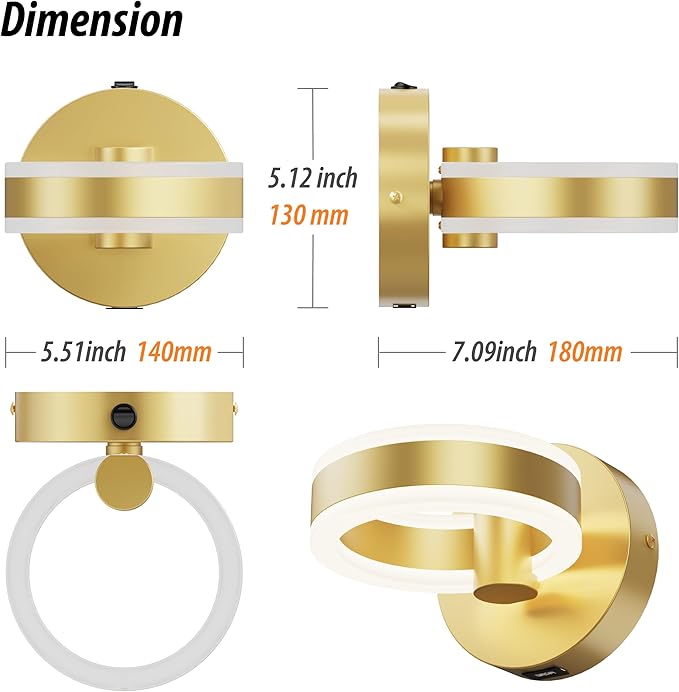 Wall Lamp LED Wall Sconce Rotatable Up-Down Sconces Wall Lighting with Built-in Switch and USB Charging Port 110 Volt AC Hardwired Wall Light (Gold)