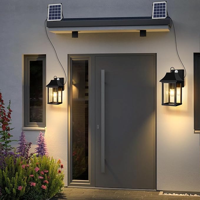 OKELI Porch Lights Outdoor Dusk to Dawn Motion Sensor Solar Wall Lantern Separate Panel & Battery Replaceable Exterior Waterproof Wall Sconce Lighting Lamp (Black A, 1 Pack)