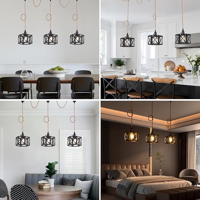 3 Light Plug in Pendant Light Rattan Hanging Lights with Switch 22FT Industrial Ceiling Light,Plug in Cord with Woven Hemp Rope Lamp Shade, Hanging Lamp Cord Farmhouse Cable DIY