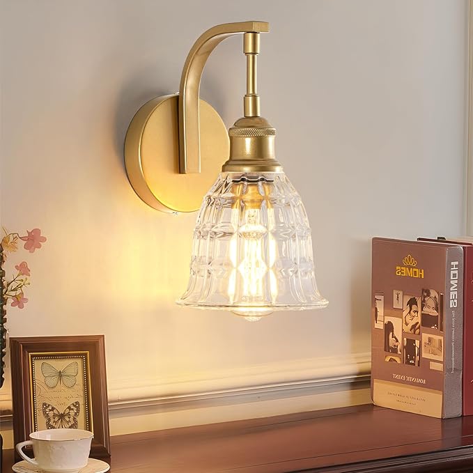 Gold Wall Sconces, Modern Brushed Golld Sconce Wall Lighting, Vintage Glass Light Fixtures, Indoor Wall Lamps for Bathroom Vanity Mirror Living Room Bedroom Kitchen Hallway Stairway E26 Hardwire