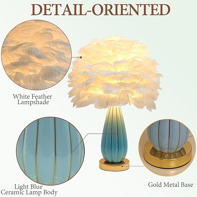 Chic White Feather Lamp Creative Feather Bedside Lamp Princess Nightstand Table Lamp Deco Romantic Atmosphere Desk Light for Cute Girl Bedroom Wedding Gift Living Room Hotel Ceramic Body