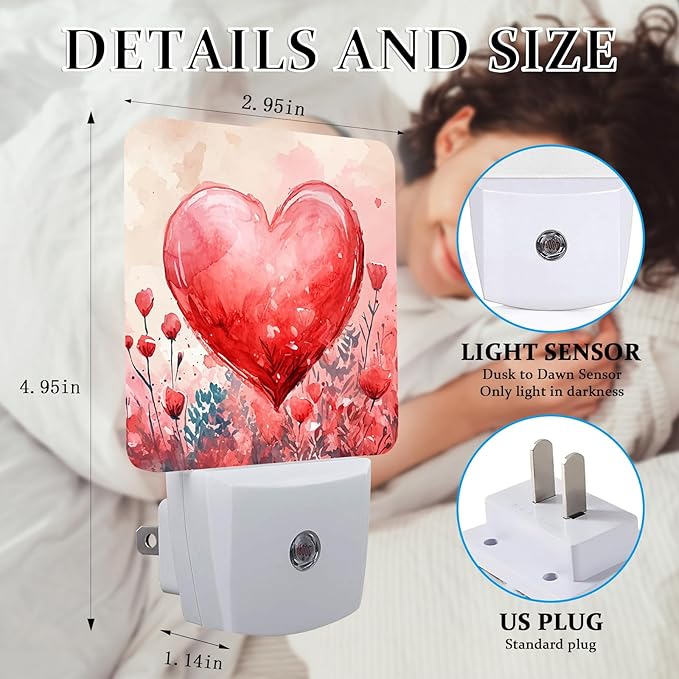 Red Sweet Hearts Night Light, Plug-into Wall Valentine's Flower Love Heart Nightlight Lamp with Dusk to Dawn Sensor, Led Lamp 0.5W Energy Efficient for Boys Girls Adults Home Decor