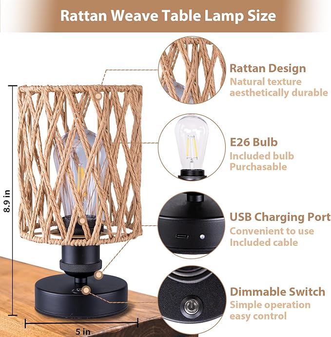 Cordless Outdoor Table Lamps, Small Rattan Boho, Rechargeable Battery Operated for Outdoor Patio, Home, Living Room, Bedroom, Bedside - Set of 2 (Beige-A)