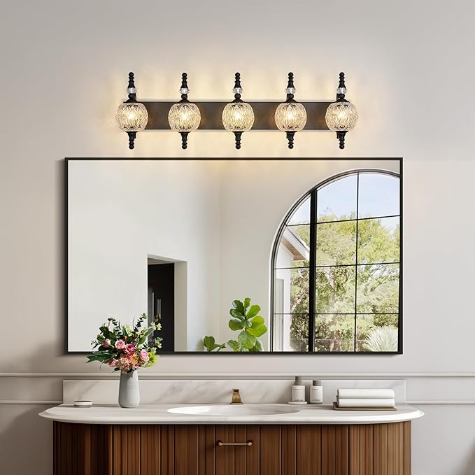 Modern Crystal Bathroom Vanity Lights Fixtures Over Mirror Black Vintage 5-Lights 36 Inch Bathroom Light Fixtures Glass Crystal Vanity Lights