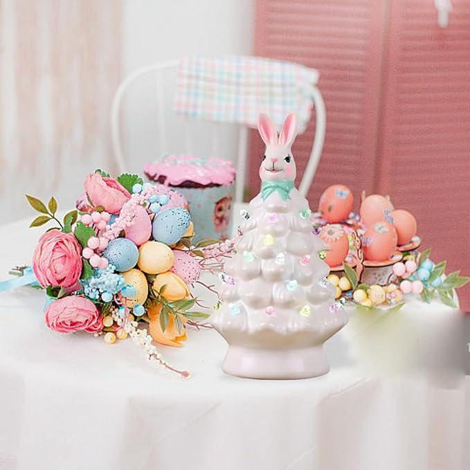 Easter Bunny Tree,Bunny lamp,Glowing Bunny Imitation CeramicTree,Resin BunnyFigurine with Colorful Lamp,Light Up Tree with Rabbit Ears,Easter Night Light for Home Decorations (A)