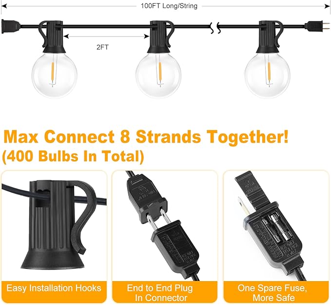 200ft(100*2) Outdoor G40 LED Globe String Lights Dimmable Waterproof Shatterproof Light Strings with 103 Bulbs Connectable Commercial Hanging Lights for Christmas Patio House Backyard Balcony Party