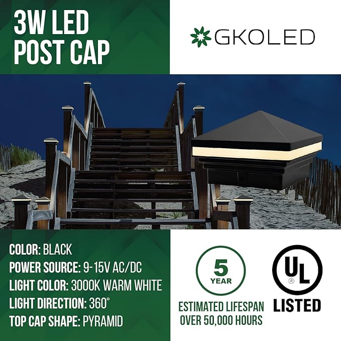 GKOLED Low Voltage Pyramid Post Cap Light, 3W 12V AC/DC, for 4"x4" and 3.5"x3.5" Wood or Vinyl Posts, 3000K Warm White, IP65 Rated Waterproof for Outdoor, Black