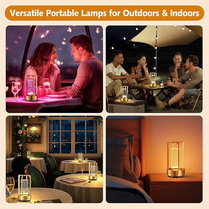 Portable Table Lamp for Outdoor Indoor: Cordless Rechargeable Desk Lamp with 3 Color Stepless Dimmable - Metal Battery Operated Lantern Light for Bedroom/Bar/Coffee Shop/Camping (Gold Bubble+RGB)