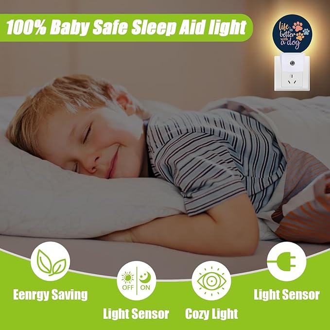 Dog Paw Night Light,Plug-in Night Lights with Dusk-to-Dawn Sensor for Bedroom Bathroom and Living Room Sleep Friendly lamp Life is Better with A Dog