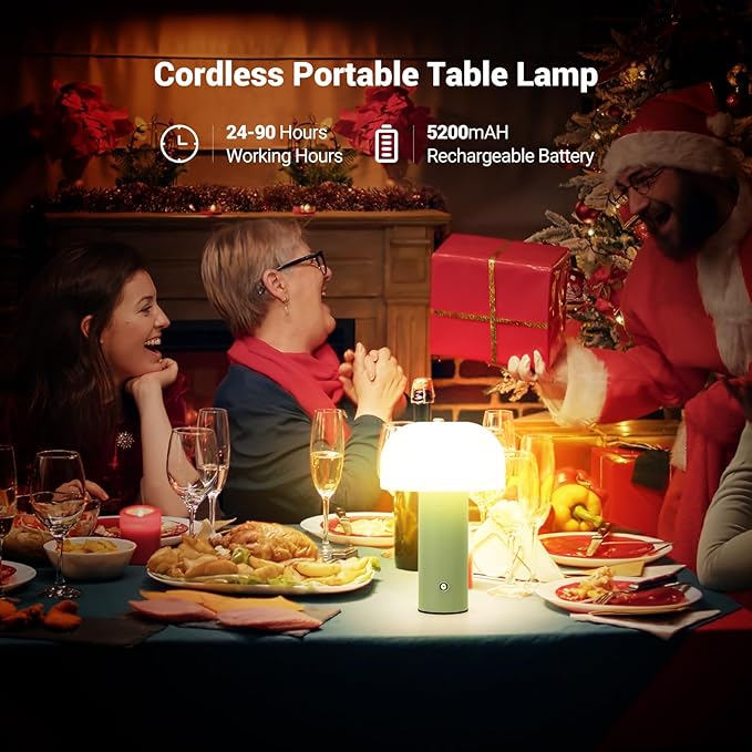 Cordless Mushroom Table Lamp Rechargeable,4000mAH Portable Battery Operated Lamp,3 Color Stepless Dimming Modern Lamps for Bedside Lamps,Touch Dimming Night Light for Home/Restaurant Green