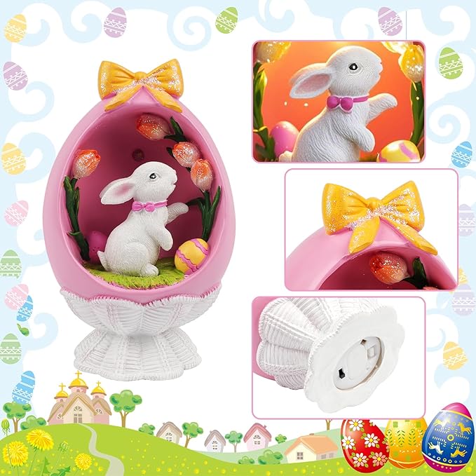 Pink Easter Bunny Figurine with LED, Resin Rabbit Figurines Easter Bunny Statue Spring Rabbit Desktop Decoration for Spring Home Room Party Decoration