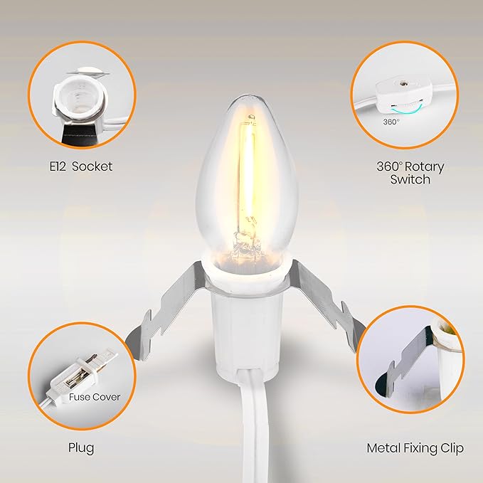 2 Sets Accessory Cord with 2 LED C7 Light Bulb, 5Ft Salt Lamp Cord Replacement with On/Off Switch Plugs E12 Socket for Halloween Pumpkin, Christmas Village House, Holiday Decorations and Crafts