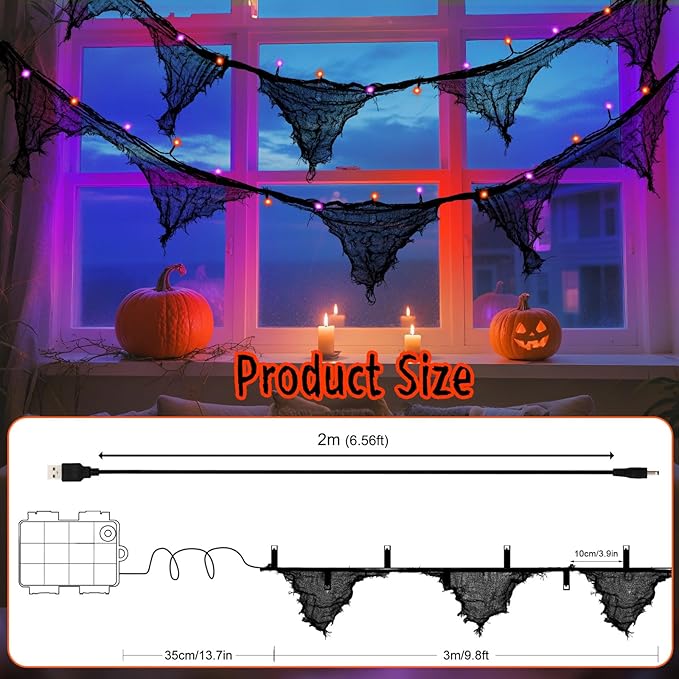 Halloween Lights Battery Operated or USB, Creepy Cloth String Lights with Timer Waterproof 9.8ft 30LED Orange and Purple String Lights Halloween Decortions for Fireplace Window Door Mirror